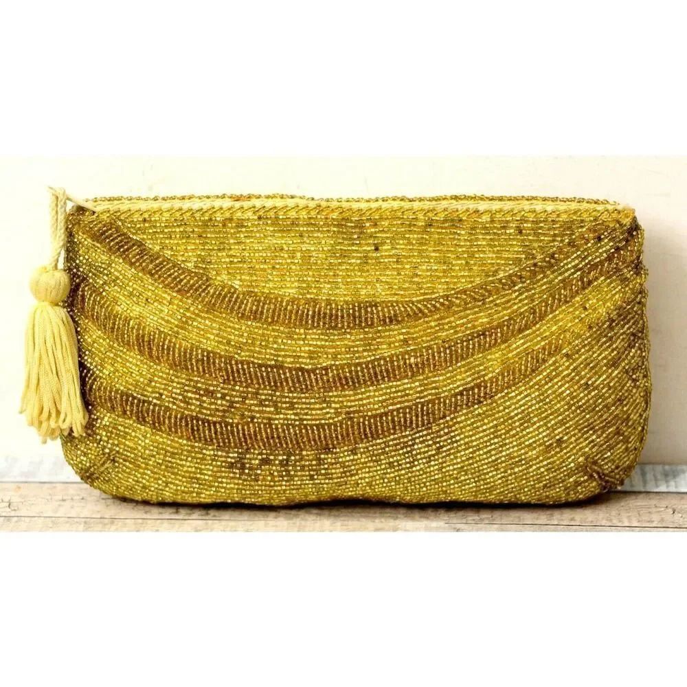 VINTAGE 60' 5.5"x 9.5" GOLD BEADWORK SILK ZIPPER TOP TASSEL WALLET PURSE CLUTCH